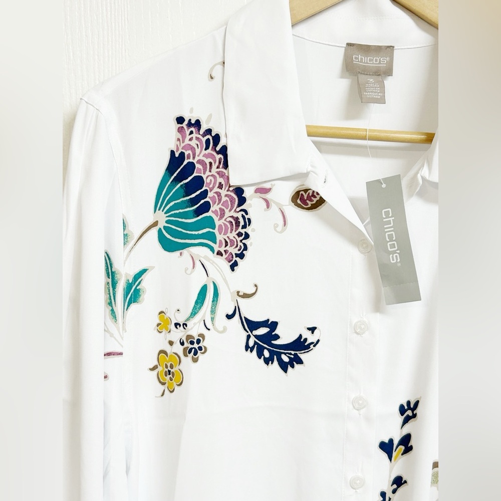 Chico’s White Whimsy Button Up Blouse 3/4 Sleeve Lightweight Sz 3 (XL) NWT - Picture 3 of 8